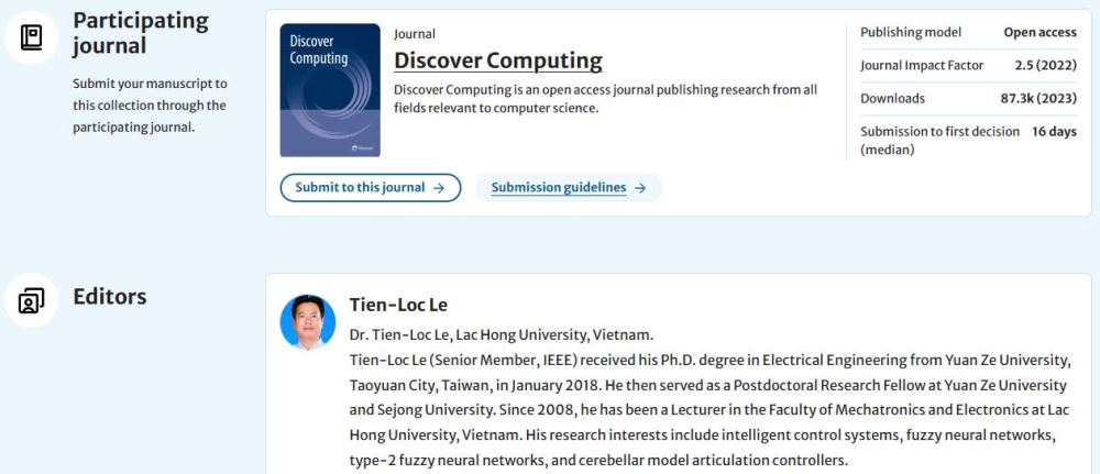 TS. Lê Tiến Lộc Đảm Nhiệm Vai Trò Editor Cho Bộ Sưu Tập Đặc Biệt Trên Tạp Chí Discover Computing (Springer)